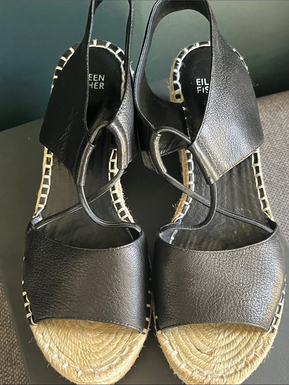 Eileen Fisher Black Leather Espadrille Slingback Wedges